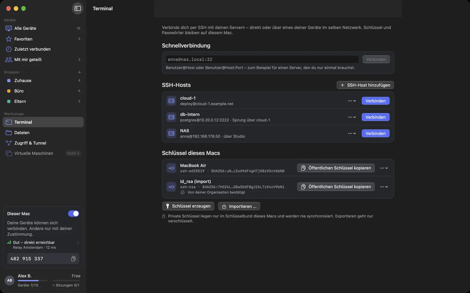 Die Seite „Terminal“: Schnellverbindung, SSH-Hosts und die Schlüssel dieses Macs