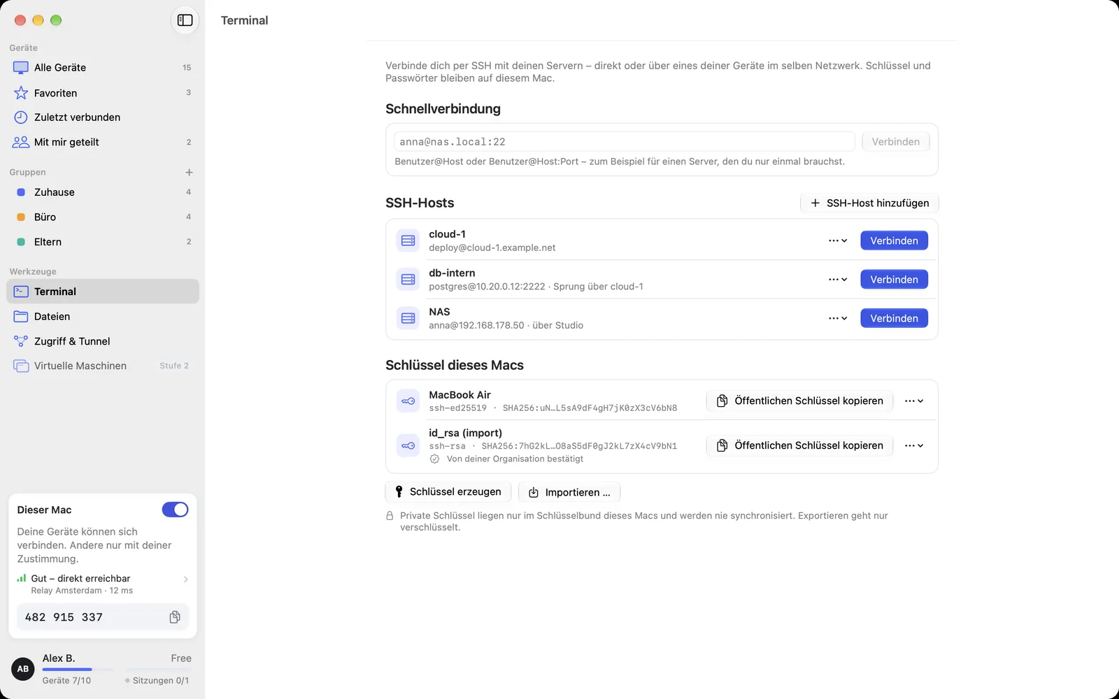 Die Seite „Terminal“: Schnellverbindung, SSH-Hosts und die Schlüssel dieses Macs