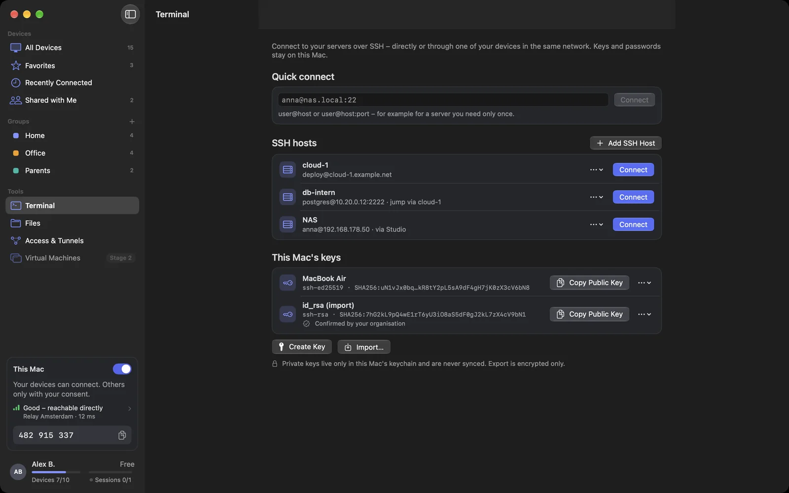 The Terminal page: quick connect, SSH hosts and this Mac's keys