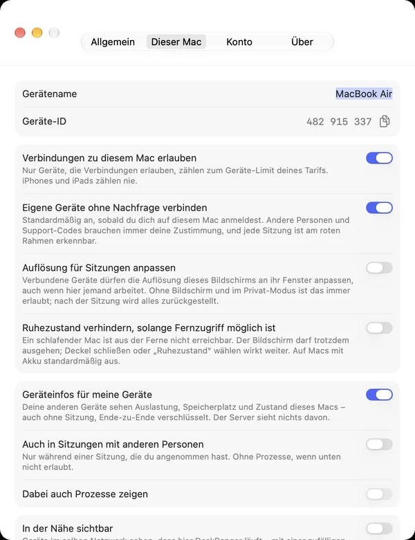 Einstellungen „Dieser Mac“ mit den Schaltern für Verbindungen