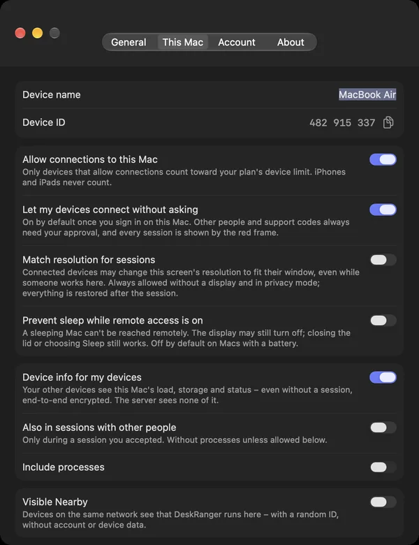 Settings “This Mac” with the switches for connections