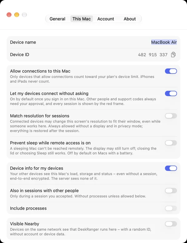 Settings “This Mac” with the switches for connections
