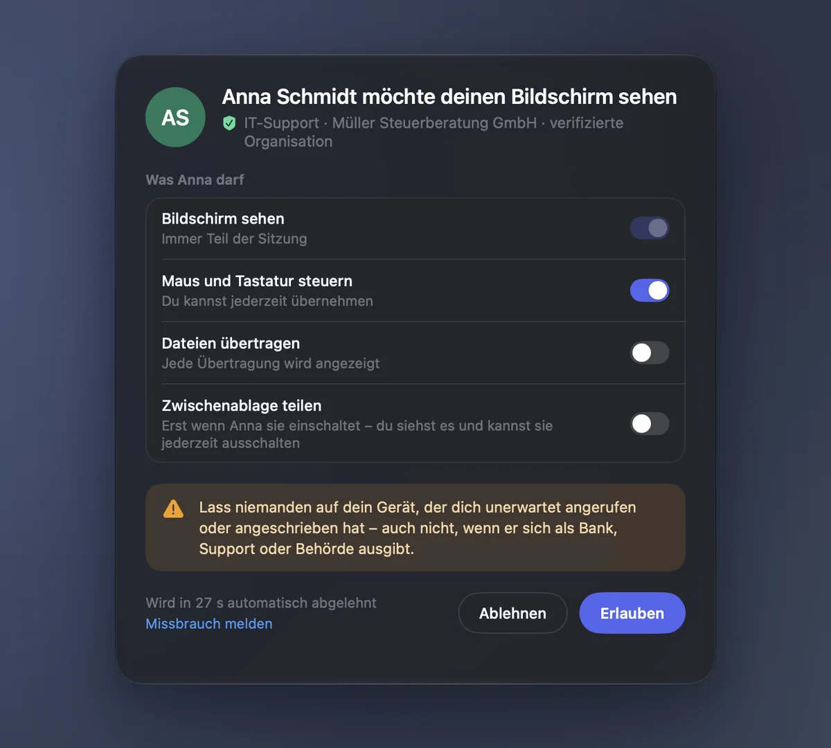 Zustimmungsdialog auf dem Mac: Wer zugreifen möchte, was die Person darf, und eine Warnung vor Betrügern
