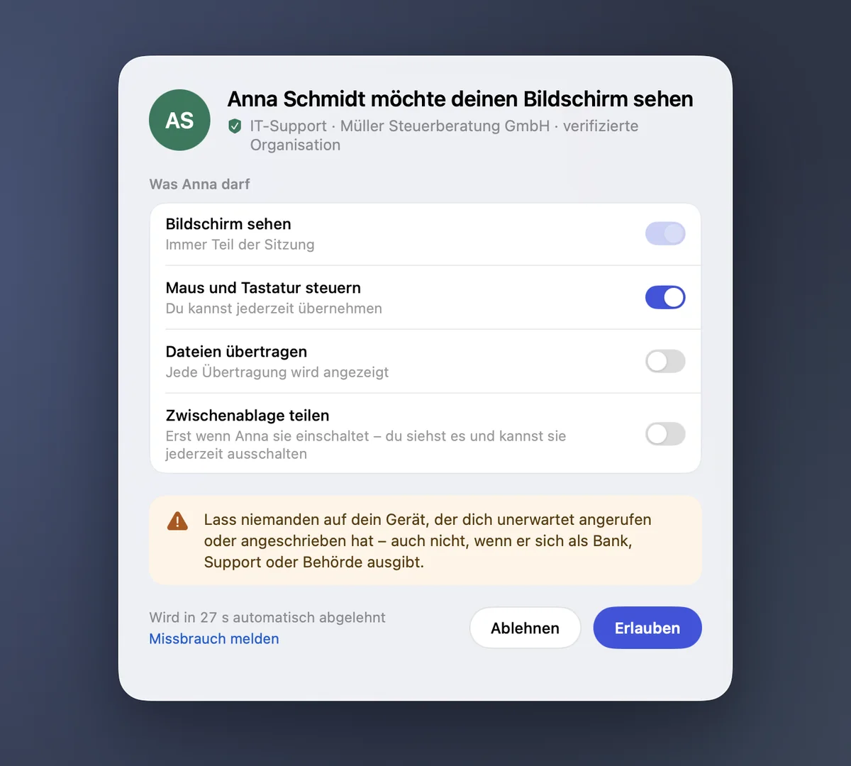 Zustimmungsdialog auf dem Mac: Wer zugreifen möchte, was die Person darf, und eine Warnung vor Betrügern