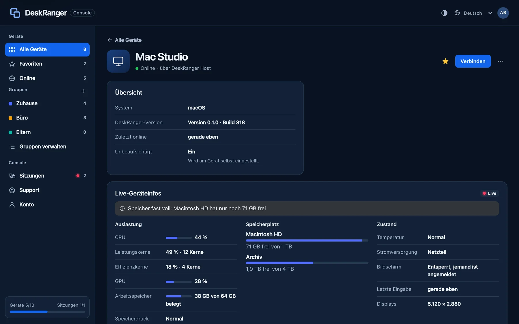 Web-Console im Browser: Gerätedetails mit Live-Auslastung