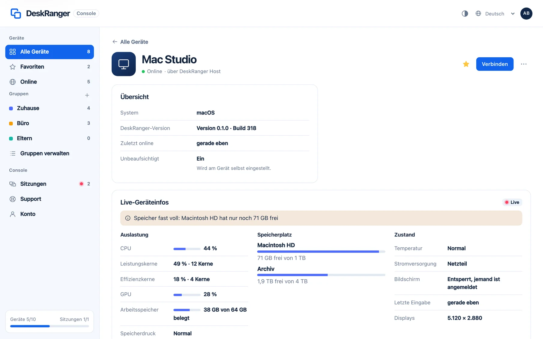 Web-Console im Browser: Gerätedetails mit Live-Auslastung