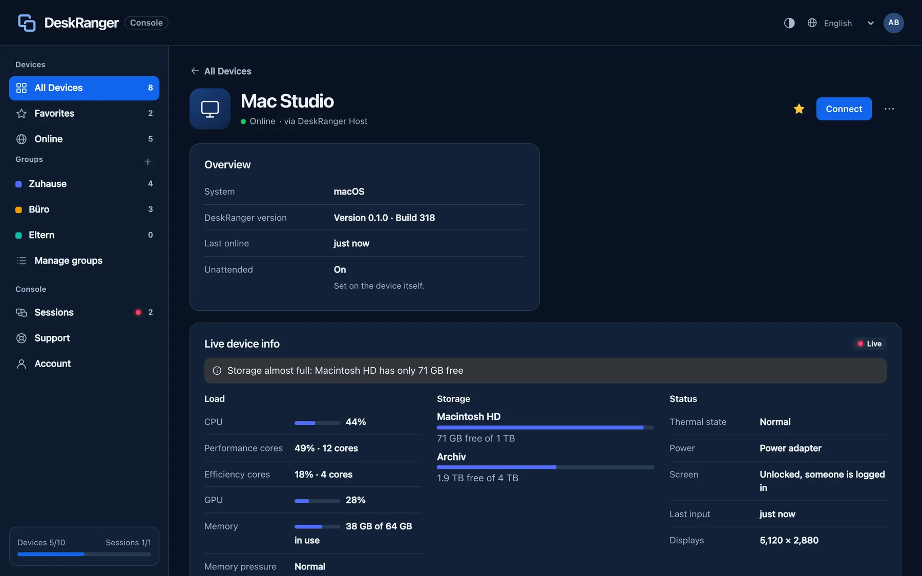 Consola web en el navegador: detalles del dispositivo con carga en vivo