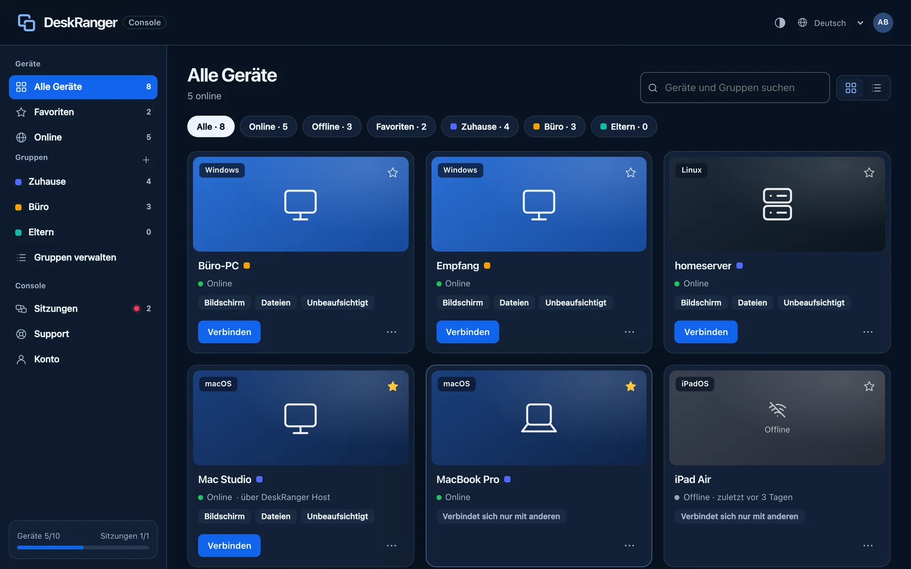 Web-Console im Browser: alle Geräte des Kontos mit Gruppen und Status