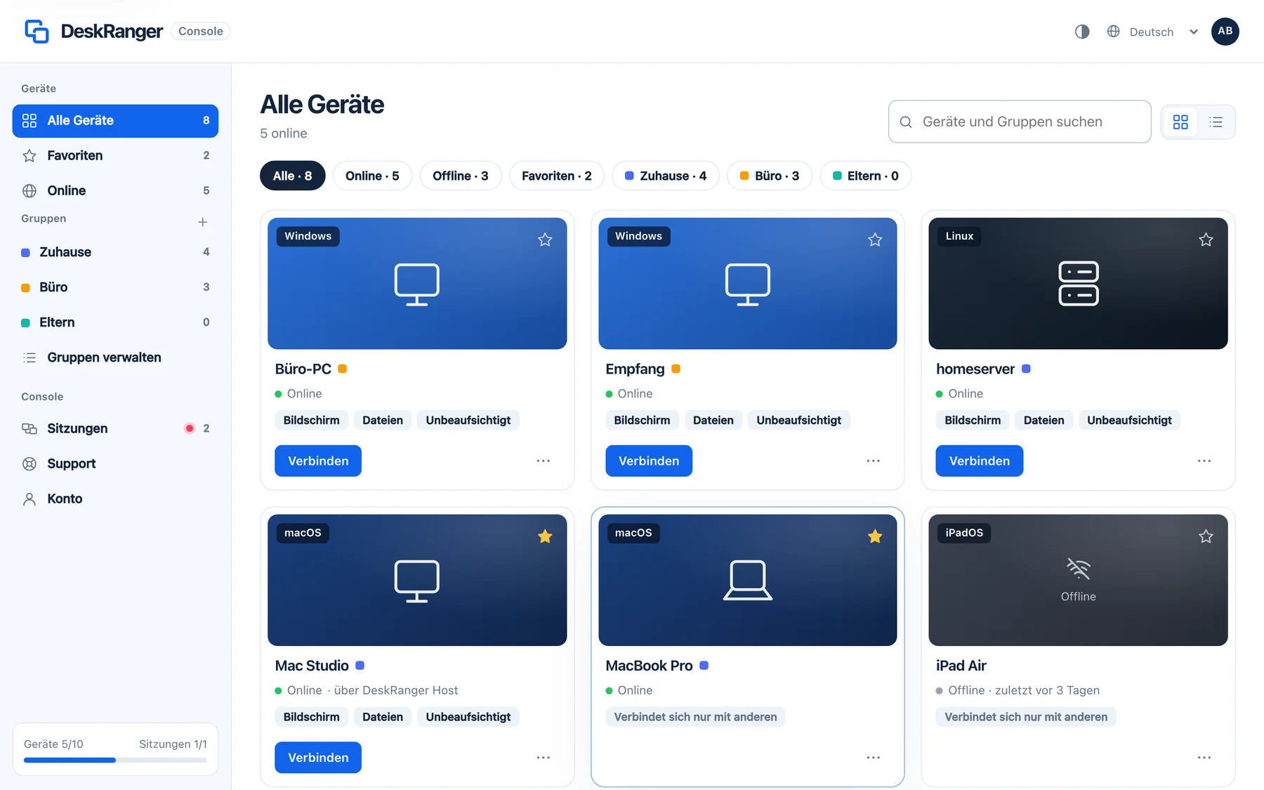 Web-Console im Browser: alle Geräte des Kontos mit Gruppen und Status
