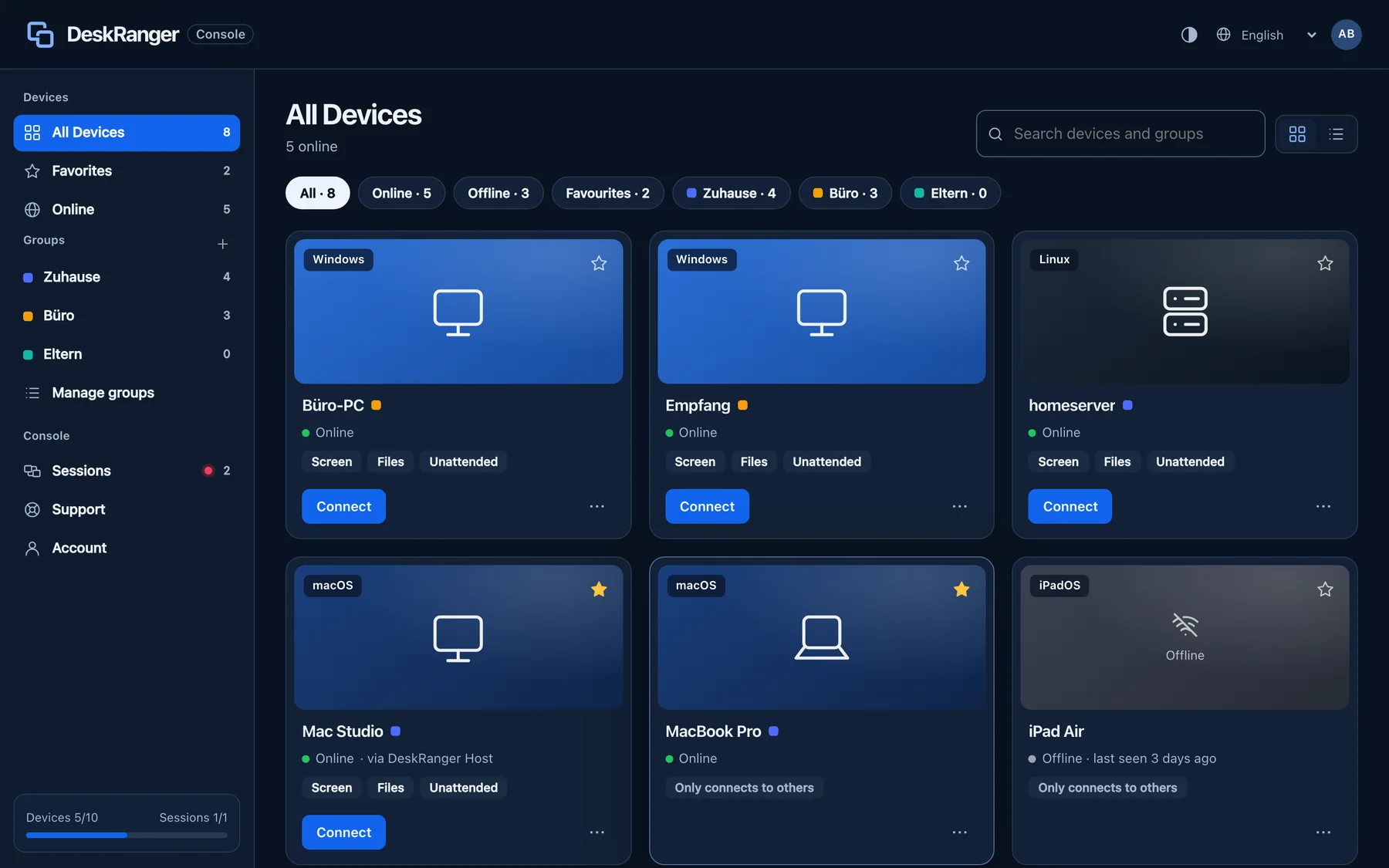 Console web nel browser: tutti i dispositivi dell’account con gruppi e stato