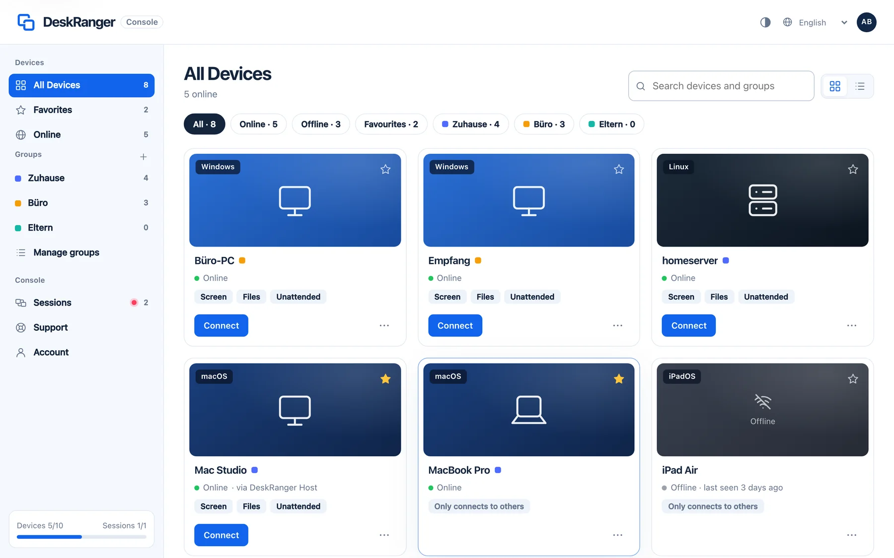 Console web nel browser: tutti i dispositivi dell’account con gruppi e stato