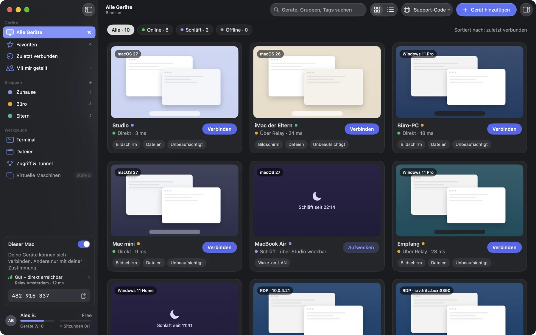 DeskRanger auf dem Mac: alle Geräte mit Live-Status, Gruppen und Verbinden-Knopf