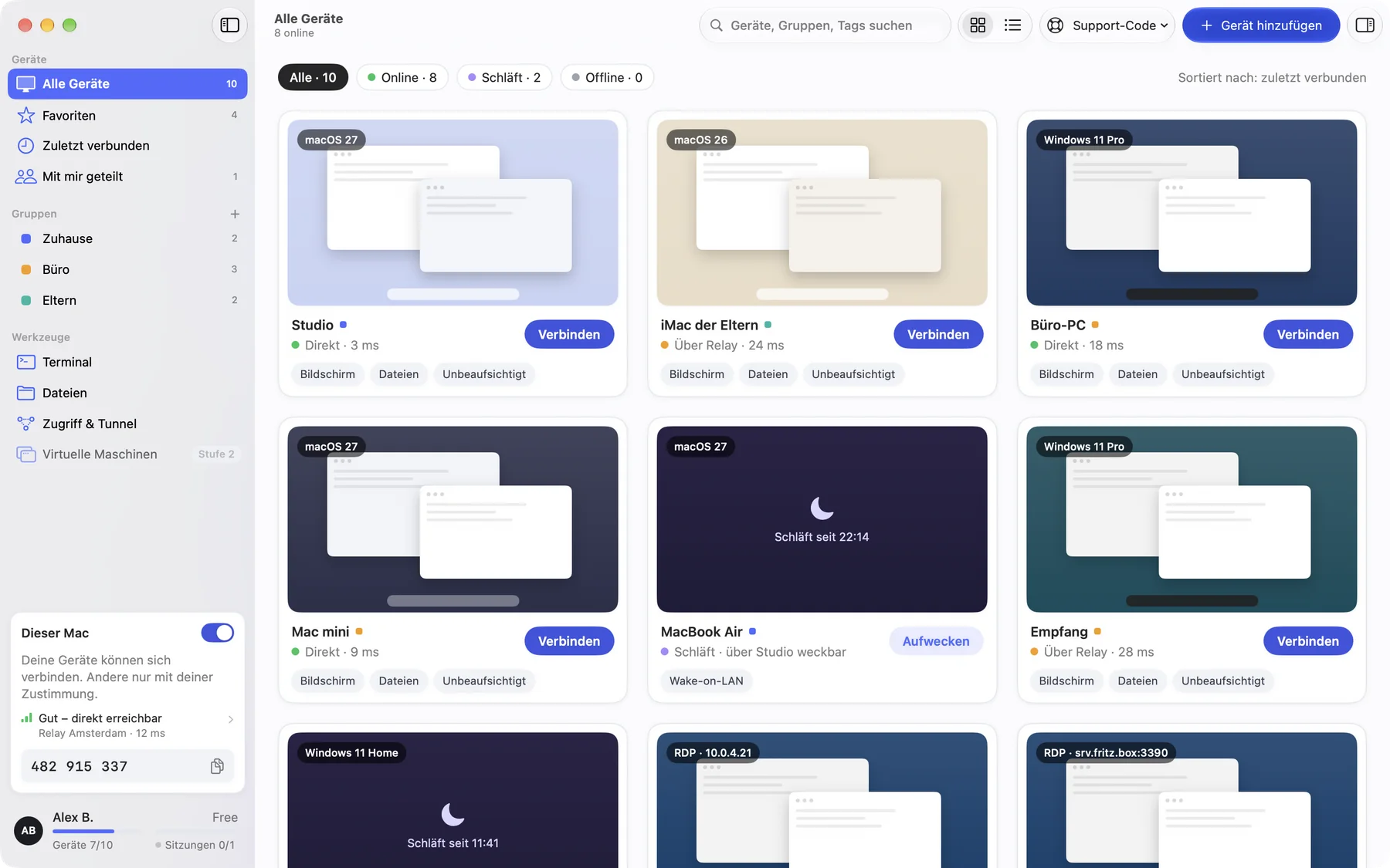 DeskRanger auf dem Mac: alle Geräte mit Live-Status, Gruppen und Verbinden-Knopf