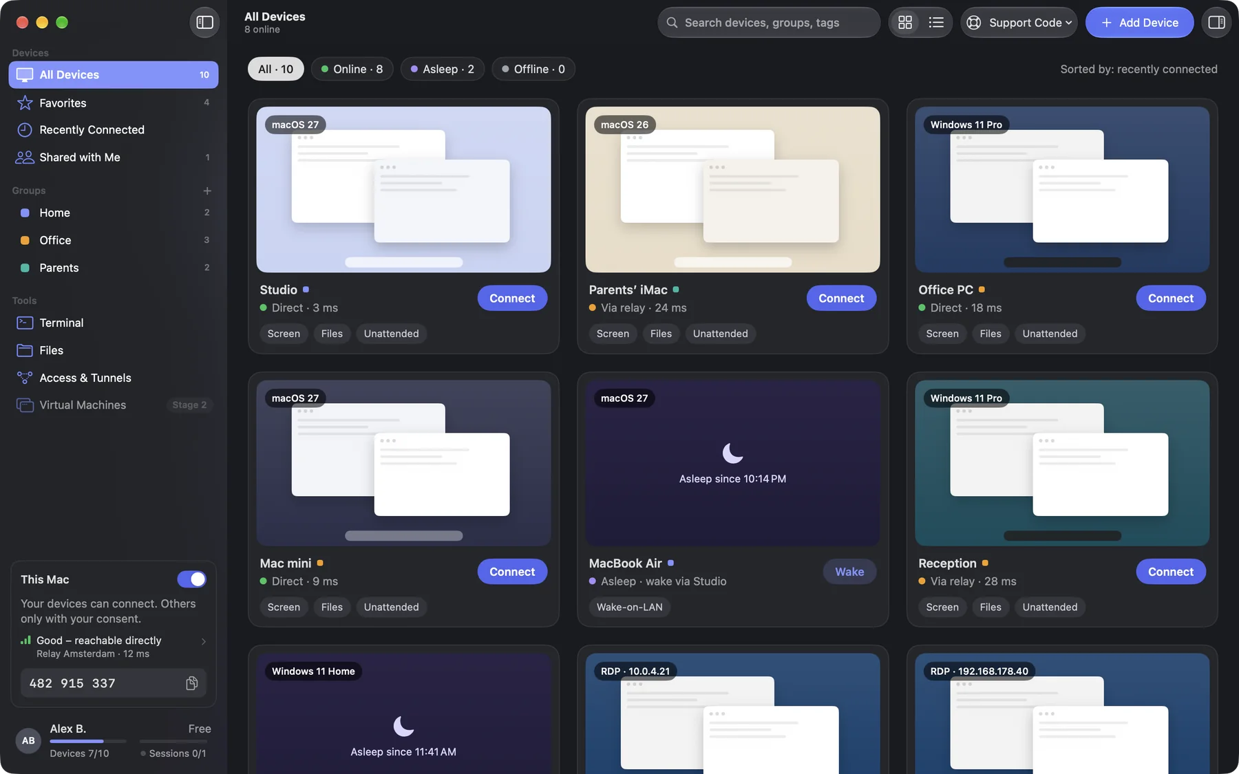 DeskRanger en el Mac: todos los dispositivos con estado en vivo, grupos y botón Conectar