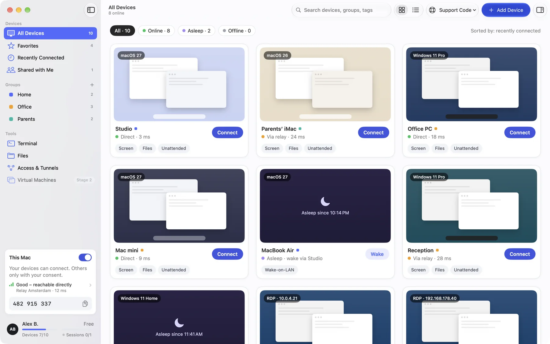 DeskRanger en el Mac: todos los dispositivos con estado en vivo, grupos y botón Conectar