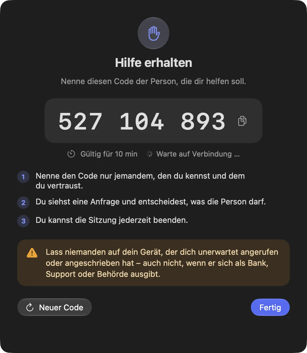 Hilfe erhalten: neunstelliger Supportcode mit Warnung vor Betrügern