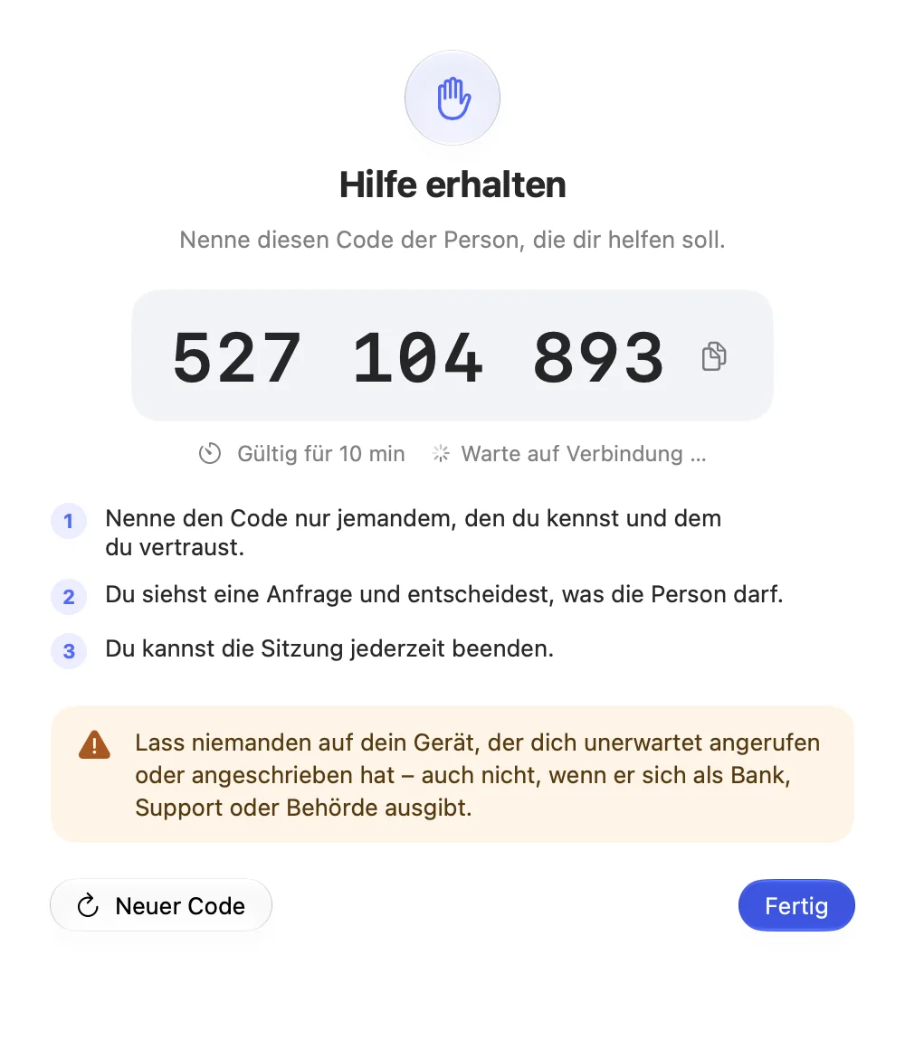 Hilfe erhalten: neunstelliger Supportcode mit Warnung vor Betrügern